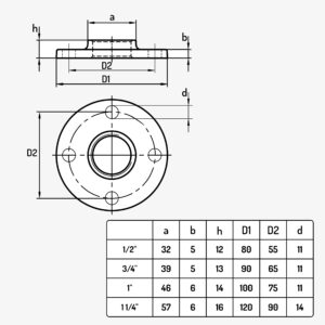 Schéma raccord à visser bride de plomberie classique avec dimensions de 1/2&quot; à 1&quot; - MC Fact