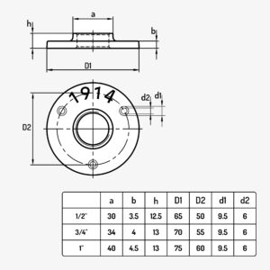 Schéma dimension raccord plomberie bride plancher déco 1914 de 1/2" et 3/4" - MC Fact