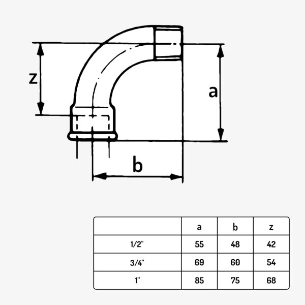 Schéma dimension raccord plomberie coude long 90° F/M type 1 en fonte malléable noir - MC Fact