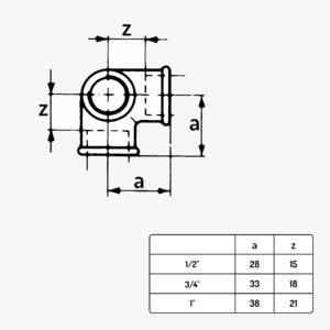 Schéma dimension raccord plomberie distributeur 3 voie coude vertical type 221 en fonte malléable noir – de 1/2″ à 1" - MC Fact