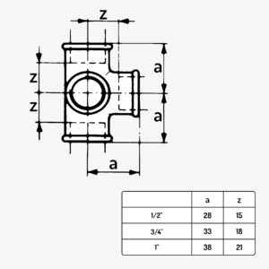 Schéma dimension raccord plomberie té vertical distributeur 4 voie type 223 en fonte malléable noir – de 1/2″ à 1" - MC Fact