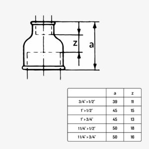 Schéma dimension raccord plomberie manchon réduit type 240 en fonte malléable noir – de 1/2″ à 1 1/4" - MC Fact