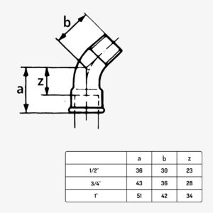 Schéma dimension raccord plomberie coude court 45° F/M type 40 en fonte malléable noir - MC Fact