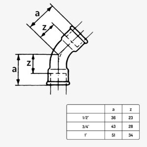 Schéma dimension raccord plomberie coude court 45° type 41 en fonte malléable noir - MC Fact