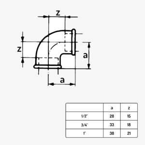 Schéma dimension raccord plomberie coude 90° type 90 en fonte malléable noir - MC Fact