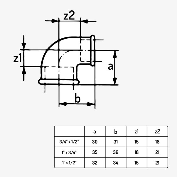Dimension drawing of a 90° reduced elbow plumbing fitting, Type 90, made of black malleable cast iron - MC Fact