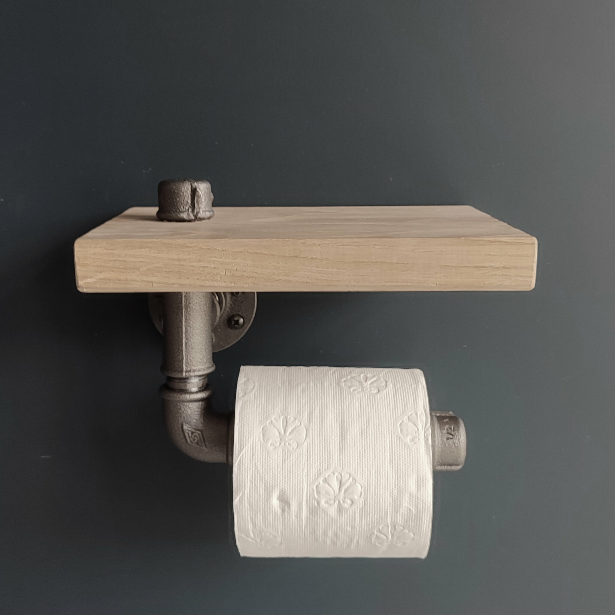 Industrial Pipe Design Toilet Paper Holder with Shelf, Grey Wood