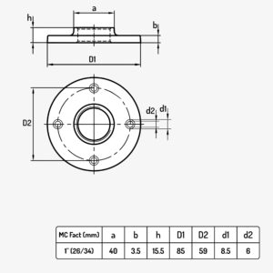Schéma raccord à visser bride déco et bride plancher plomberie avec dimensions de 1" (26/34) - MC Fact