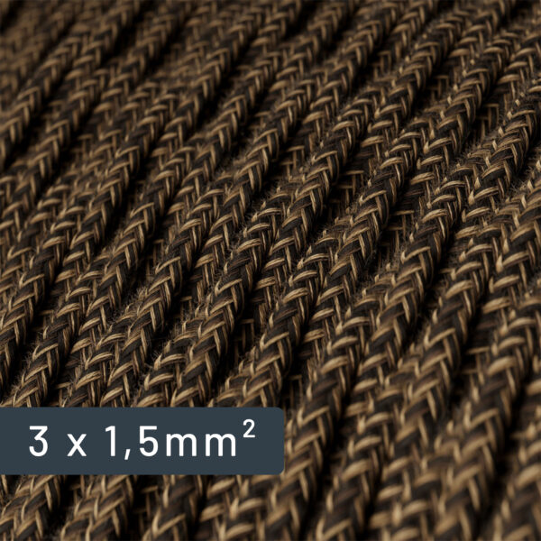 Textilummanteltes, verdrilltes Stromkabel, braun, Leinenoptik, großer Querschnitt 1,5 mm² für Elektroinstallationen (Nahaufnahme)