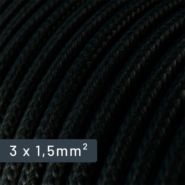 Rundes, schwarzes Textilkabel mit großem Querschnitt (1,5 mm²) für Elektroinstallationen – Nahaufnahme