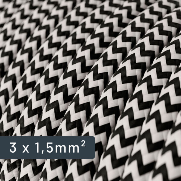 Rundes Textilkabel, schwarz-weiß, großer Querschnitt 1,5 mm², für Elektroinstallationen (Nahaufnahme)