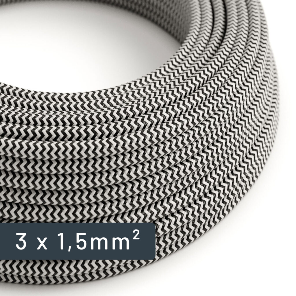 Textilkabel, großer Querschnitt, Zickzack, schwarz-weiß, rund, 1,5 mm², für Elektroinstallationen – MCFE0000351T2