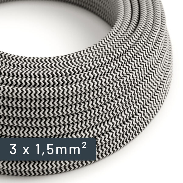 Textilkabel mit großem Querschnitt, Zickzack-Muster, schwarz-weiß, rund, 1,5 mm² für Elektroinstallationen – MCFE0000351T2