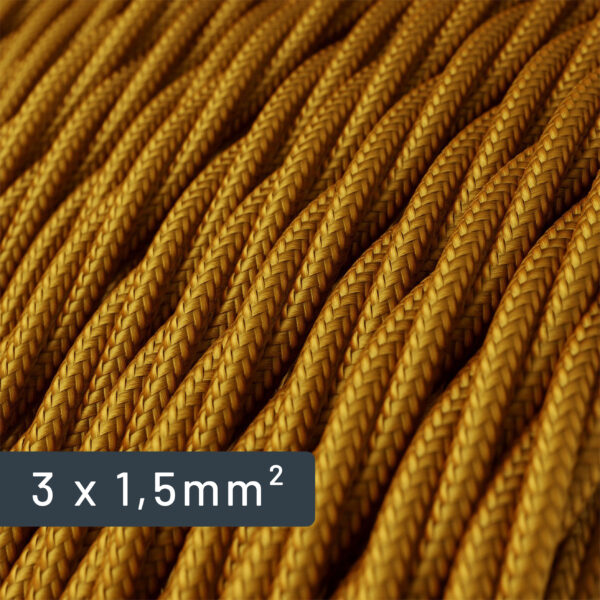 Verdrilltes Textilkabel, goldgelb, großer Querschnitt 1,5 mm², für Elektroinstallationen (Nahaufnahme)