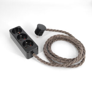 Multiprise Vintage Noir Française et Belge Avec Câble En Torsadé Marron Lin – Noir Thermoplastique, Assemblé, 1m &ndash; MCFE2011181T2S01PA1