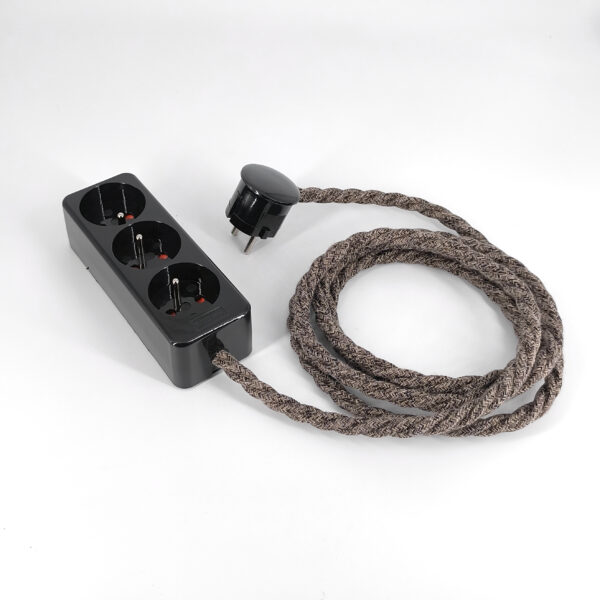 Multiprise Vintage Noir Française et Belge Avec Câble En Torsadé Marron Lin Vintage-Steckdosenleiste, schwarz, mit braunem, verdrilltem Kabel, französischer und belgischer Stecker – MCFE2011081T2