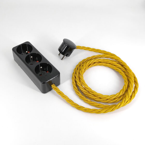 Multiprise Vintage Noir Française et Belge Avec Câble Torsadé Jaune Or Vintage-Steckdosenleiste in Schwarz mit goldgelbem, verdrilltem Kabel (französisch und belgisch) – MCFE2011030T2