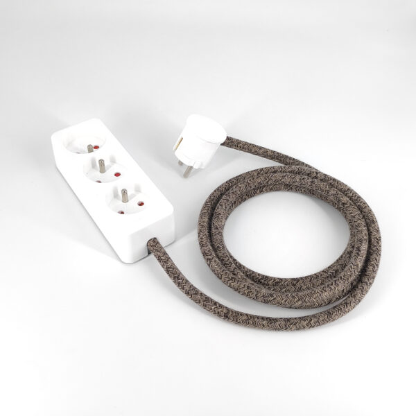 Multiprise Déco Blanc Française et Belge Avec Câble En Textile Marron Lin Dekorative Steckdosenleiste, weiß, mit braunem Textilkabel aus Leinen, mit französischen und belgischen Steckdosen – MCFE2010281T2