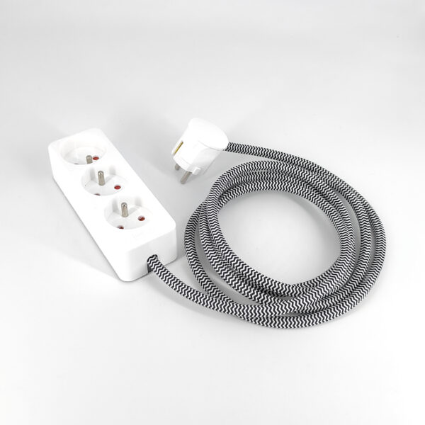 Multiprise Déco Blanc Française et Belge Avec Câble En Textile Noir Blanc Dekorative Steckdosenleiste, weiß, Kabel aus Textil in Schwarz und Weiß, mit französischen und belgischen Steckdosen – MCFE2010251T2