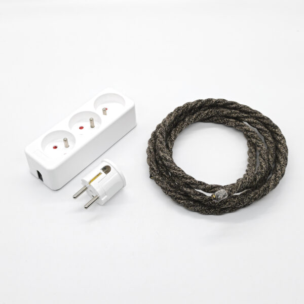 Multiprise Déco Blanc Française et Belge Avec Câble Torsadé Marron Lin – Kit, 1m Dekorative Steckdosenleiste im französischen und belgischen Stil, weiß, mit braunem, linienförmigem Litzenkabel – Set, 1 m – MCFE2011281T2S01