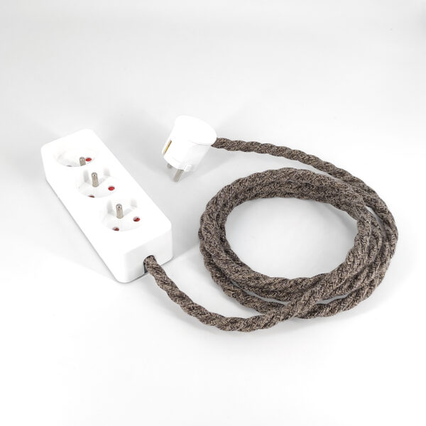 Multiprise Déco Blanc Française et Belge Avec Câble Torsadé Marron Lin Dekorative Steckdosenleiste in Weiß mit braunem, gezwirntem Leinenkabel sowie französischen und belgischen Steckdosen – MCFE2011281T2
