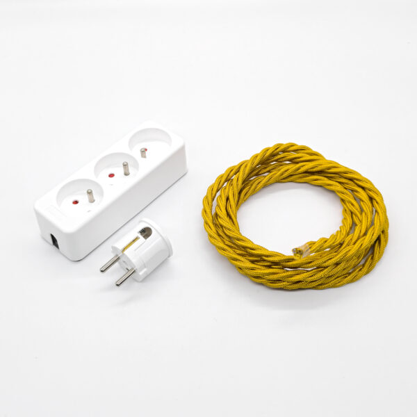 Multiprise Déco Blanc Française et Belge Avec Câble Torsadé Jaune Or – Kit, 1m Dekorative Mehrfachsteckdose (französisch und belgisch) mit goldgelbem Litzenkabel – Set, 1 m – MCFE2011230T2S01